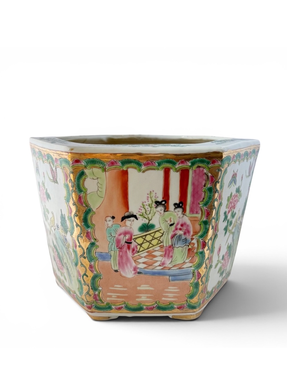 Vintage Rose Medallion Bird Floral Hexagon Flower Pot Jardinière Chinoserie